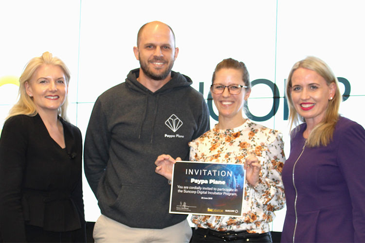 Suncorp’s Chief Information Officer, Sarah Harland with Paypa Plane's Jonathan Grant & Simone Joyce and Minister for Innovation, the Honourable Kate Jones