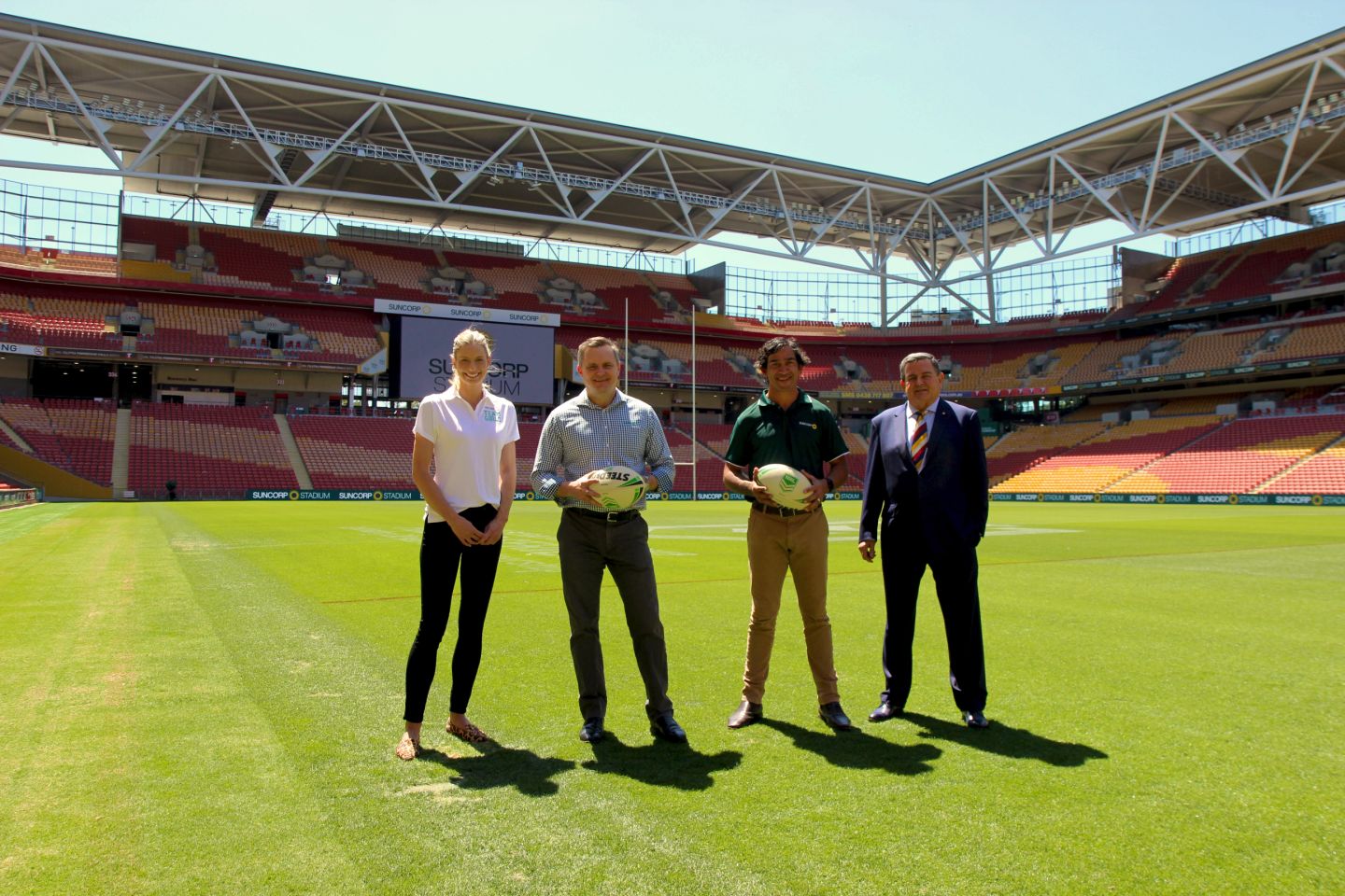 Netball champion Laura Geitz, Suncorp Group CEO Steve Johnston, NRL legend Johnathan Thurston and Chairman and Chief Executive of ASM Global Harvey Lister AM